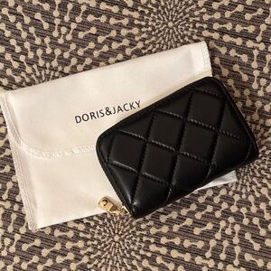 DORIS & JACKY Quilted Leather Credit Card Holder Small Zipper Card Case Wallet